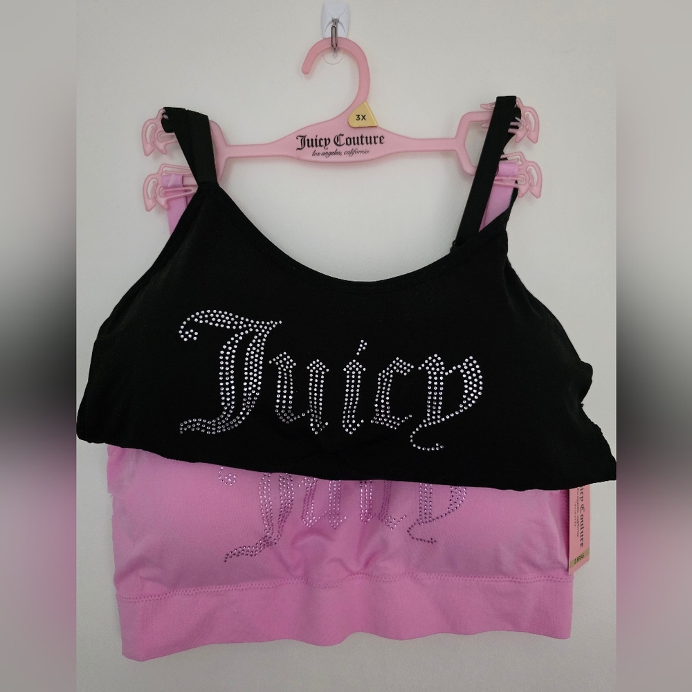 Juicy Couture Rhinestone Logo Bralette 2 Pack Set (1) Black (1) Pink PlusSize 3X